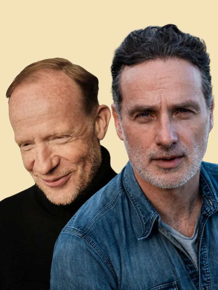 Headshots of two actors, separate photos but edited to layer on top of one another. To the left is Jonathan Slinger, a white man with freckles, short red hair, and a closely cropped beard. To the right is Andrew Lincoln, a white man with short dark hair and a closely cropped grey beard.