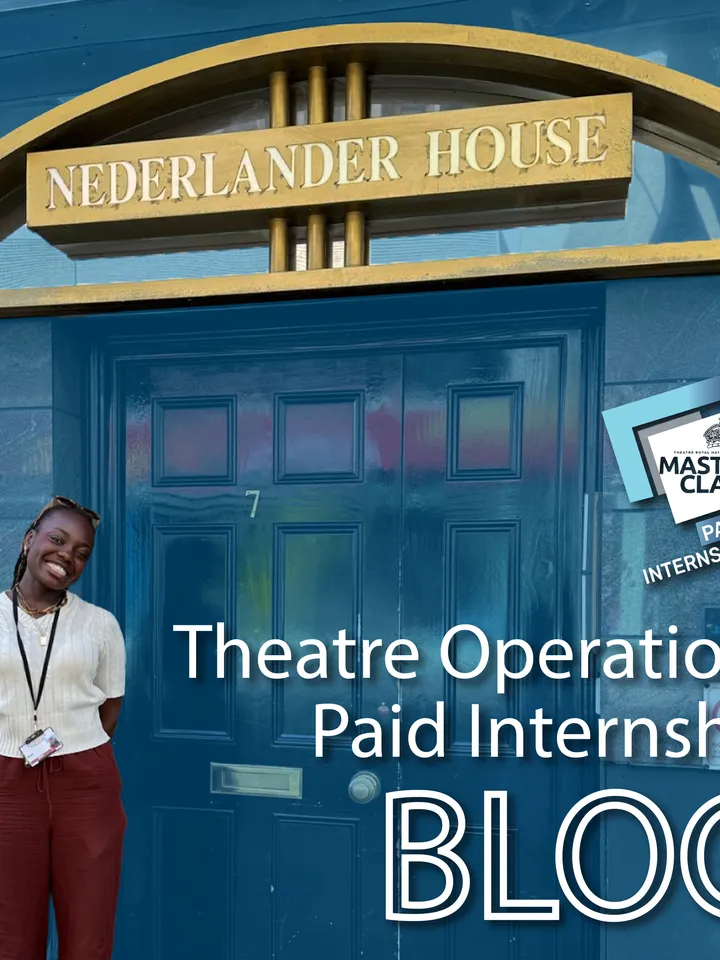 Nicole Kilama stands in front of Nederlader House, with text promoting a blog about their paid internship in theatre operations.