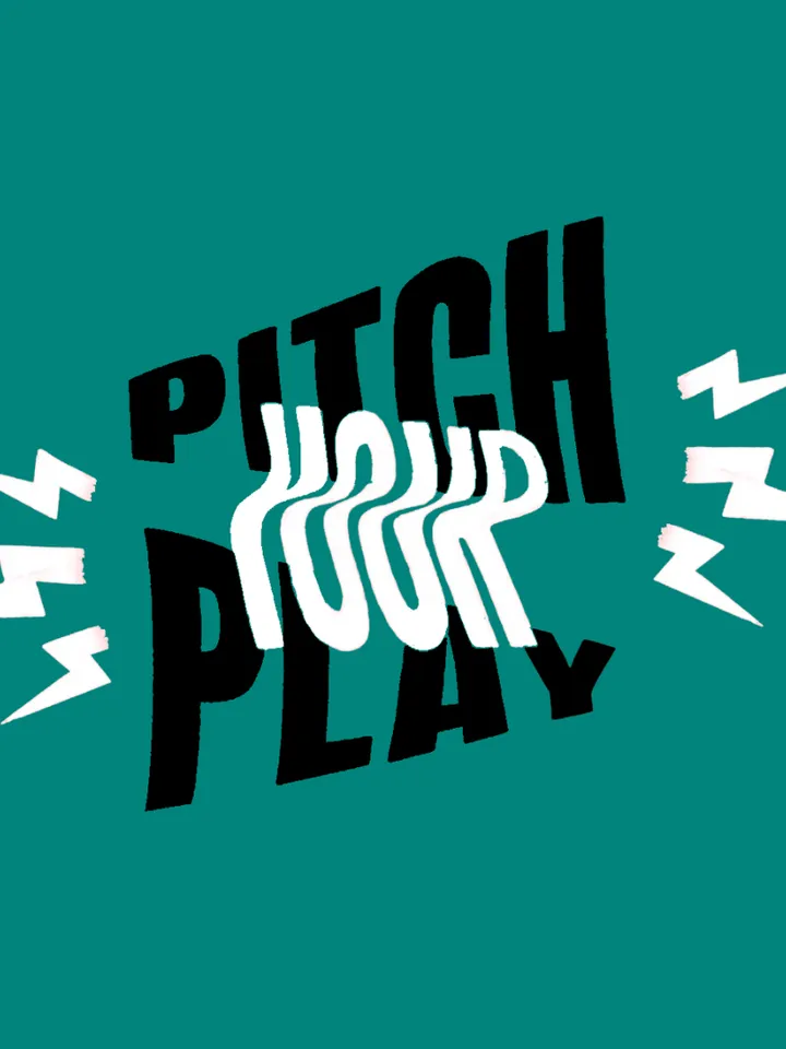 A green background, with black and white words Pitch Your Play and lightening.