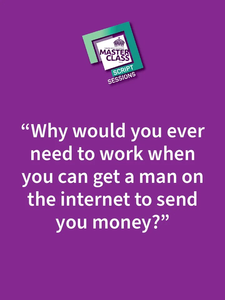 Text on purple background: "Why would you ever need to work when you can get a man on the internet to send you money?" Masterclass logo displayed.