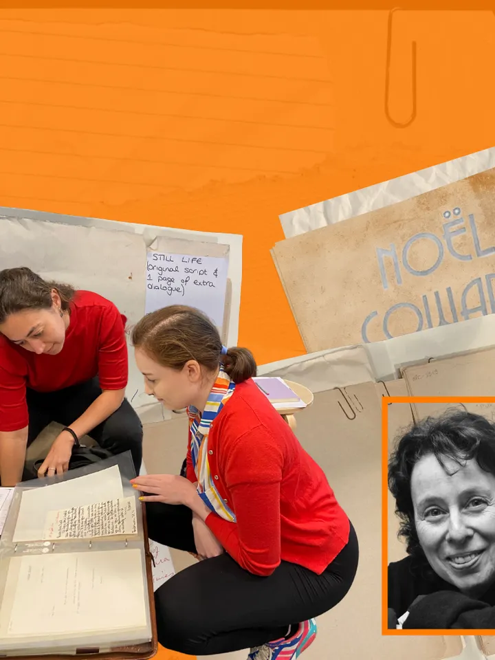 Two Masterclass members in red tops reading Noel Coward notebooks. Headshot of Marcy Kahan in black and white. Orange background