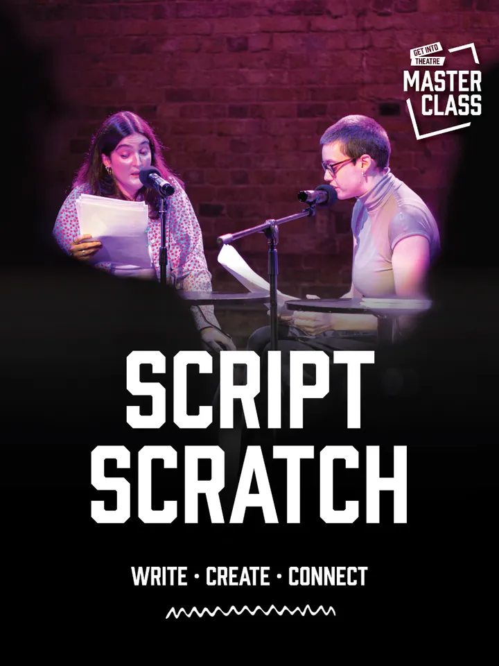 Two people sit at microphones reading scripts on stage. The words “SCRIPT SCRATCH: WRITE • CREATE • CONNECT” are centre bottom.