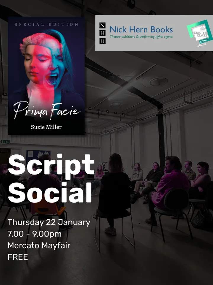 A group of young people sit in a circle. There is a show image for the production Prima Facie.