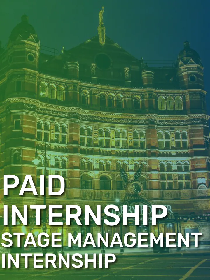 The Palace Theatre at night, featuring white text advertising a paid stage management internship opportunity.