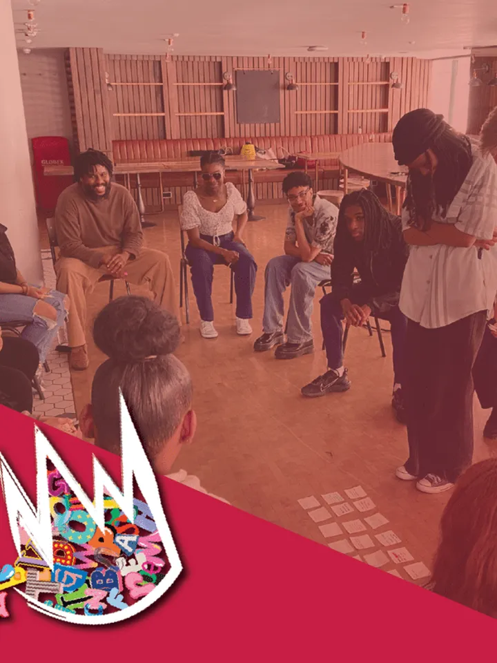 A group from Avenues Youth Group taking part in a workshop at The Other Palace. A red gradient overlayed, with a crown logo.
