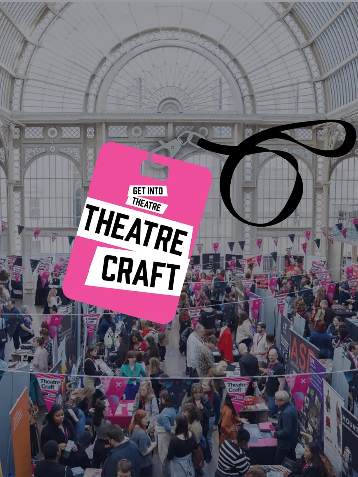The TheatreCraft Logo – an image of a pink lanyard – on top of a photo of the marketplace at the Royal Ballet and Opera at a previous year's TheatreCraft