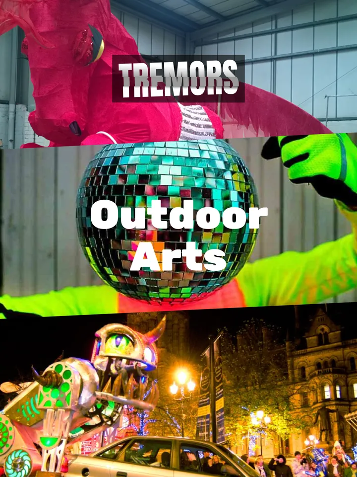 3 photos within an image, the top is a large pink horse made our of fabrics and paper, the 2nd is a person in fluorescent yellow with a disco ball head and the final is a lit up monster lifting up a car in front of a large building. Title words, Tremors - Outdoor Arts in white.